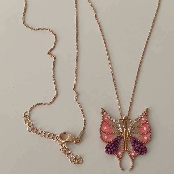 Butterfly necklace 925 silver white pink enamel cz - Picture 2 of 5